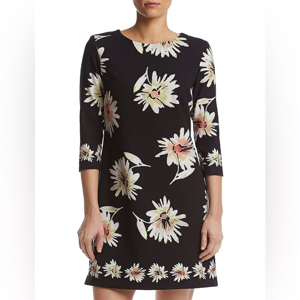 Taylor Women’s Black Tossed Daisy Stretch Crepe Shift Dress Sz 4